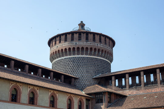 Ancient Tower of Sforza Castle Brick Facade in Milan City Center Italy.