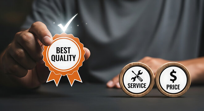 Hand holding best quality badge with service and price icons for business customer satisfaction