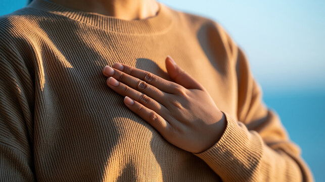 Faceless person apologizing with hand on chest, sincere gesture, emotional conversation, relationship communication, personal reflection, with copy space