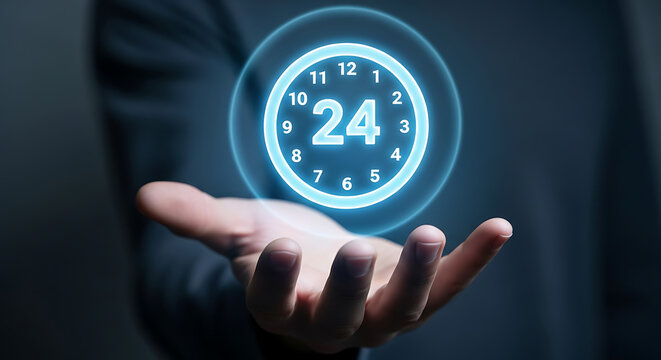 Businessman holding a glowing 24 hour service digital clock icon for business support.