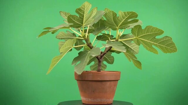 Green fig tree in terracotta pot rotating on chroma key background