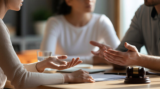 Faceless couple arguing in a lawyer's office during a divorce consultation, legal dispute, marriage separation, custody discussion, family law meeting, settlement negotiation,