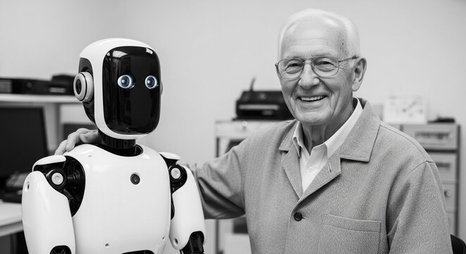 Elderly inventor with his robot creation in a studio, representing technological advancement and human ingenuity
