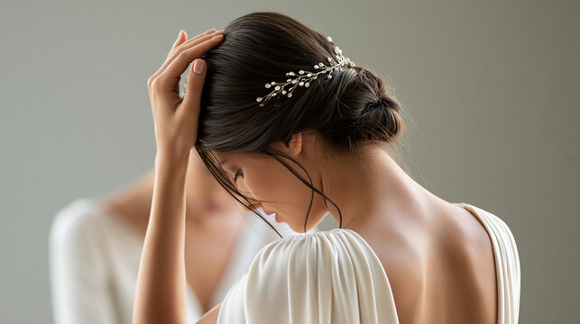 Faceless young bride managing pre-wedding stress, wedding preparation, personal reflection, celebration planning, emotional moment, with copy space