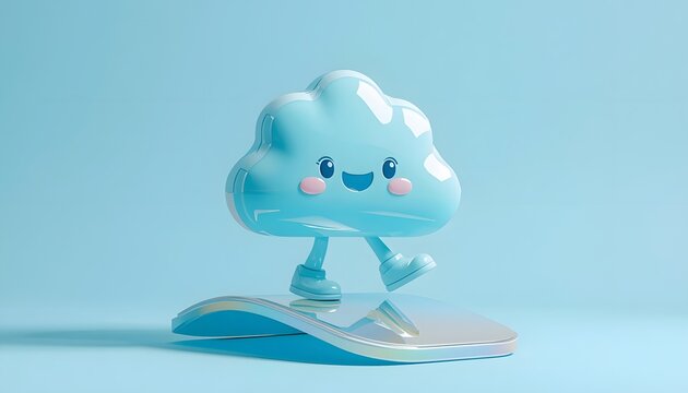 Cute 3D shiny blue cloud character with a happy smiling face walking on a sleek curved platform against a blue background.