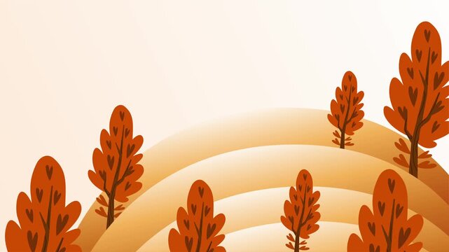 autumn forest landscape with stylized orange trees on hills