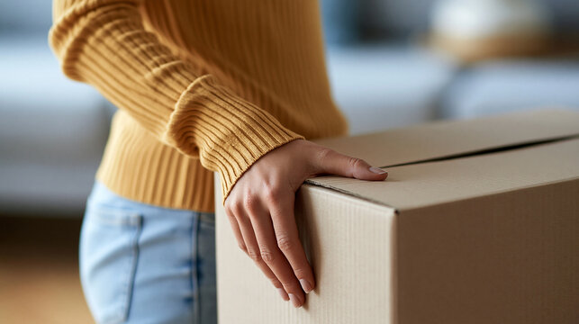 Faceless unhappy woman standing near a cardboard box with a broken item, personal reflection, life transition, moving concept, with copy space