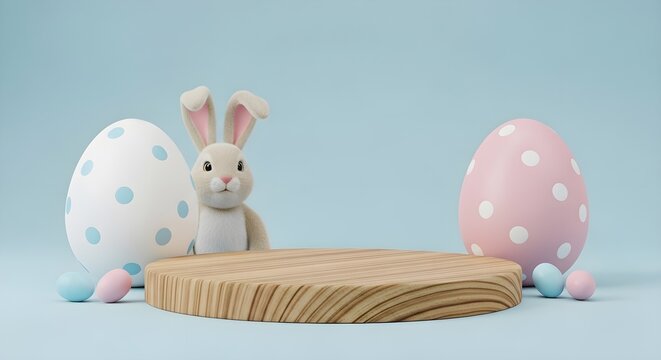 Pastel easter display featuring bunny rabbit and decorated eggs on a pedestal