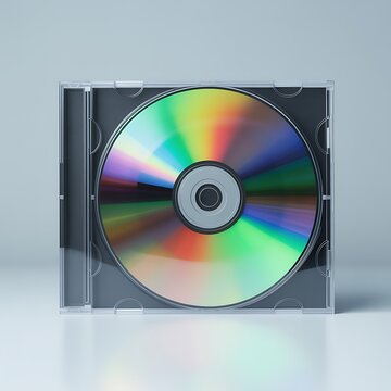 Shiny round compact disc with rainbow colors inside a clear plastic jewel case