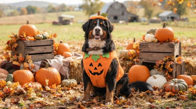Bernese Mountain Dog in Pumpkin Costume Surrounded by Autumn Pumpkins and Leaves