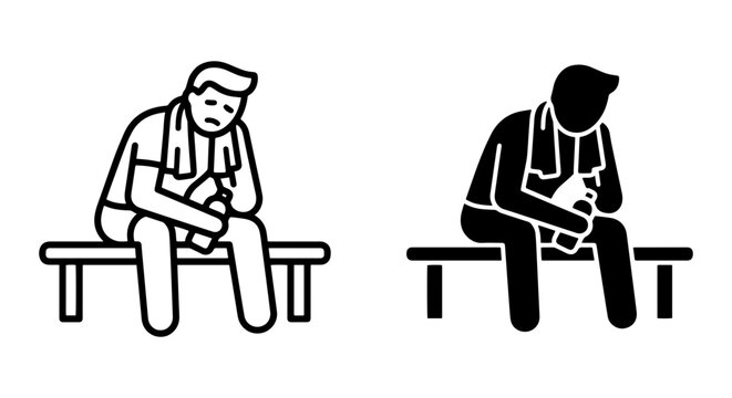 Tired Athlete Sitting on Bench with Towel and Water Bottle, Exhausted Sportsman Icon