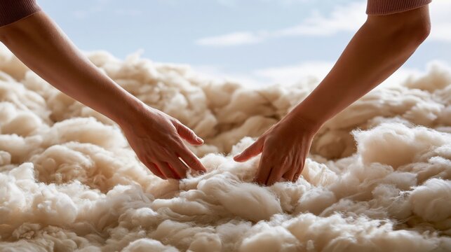 Hands sinking into fluffy merino wool fiber under soft daylight