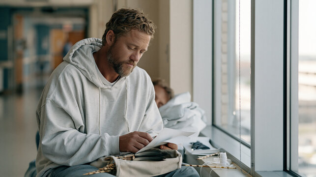 Fletcher sitting beside a hospital corridor window with a resting partner, crafting arrow shafts from stripped wooden dowels, feathers and binding thread in a canvas kit on lap,