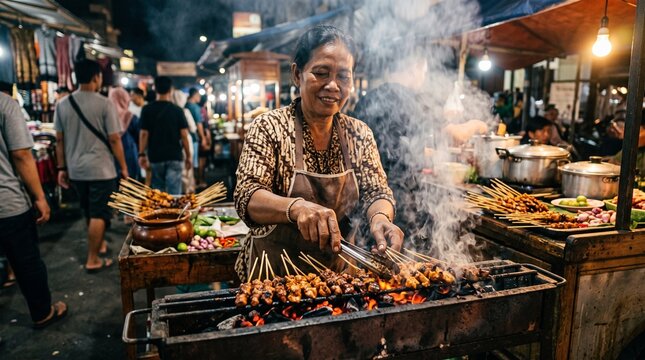 Street food vendor grilling meat satay skewers over charcoal at a busy night market stall.