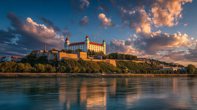 Bratislava Castle overlooking the Danube River at golden hour, panoramic skyline, elegant European architecture, dramatic clouds, ultra realistic travel destination, HDR, 8k, no people