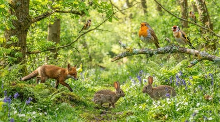 Naklejka premium Woodland animals and birds gather in a sun-dappled forest clearing