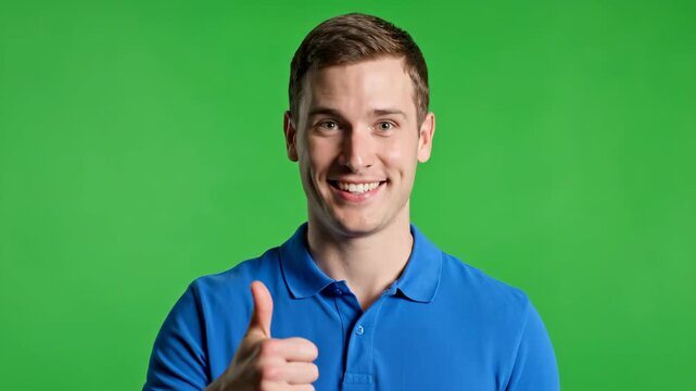 A smiling young man in a blue polo shirt giving a thumbs up gesture against a green screen background.