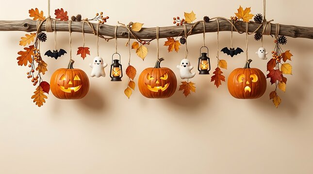 A festive and enchanting halloween scene featuring intricately carved pumpkins suspended with colorful autumn leaves creating a spooky yet welcoming atmosphere for trick or