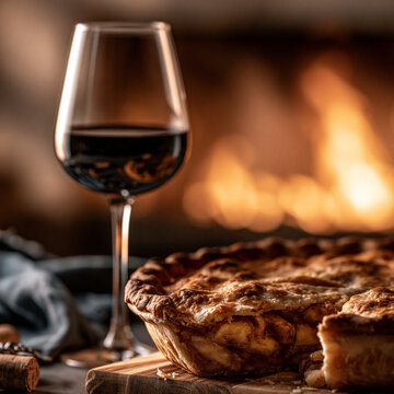 Glass of red wine next to a freshly baked pie by a warm cozy home fireplace