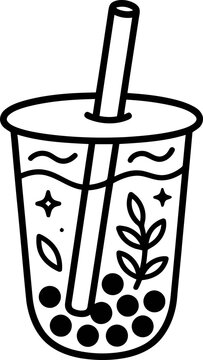 Hand-drawn bubble tea cup with tapioca pearls and straw, minimalist line art.