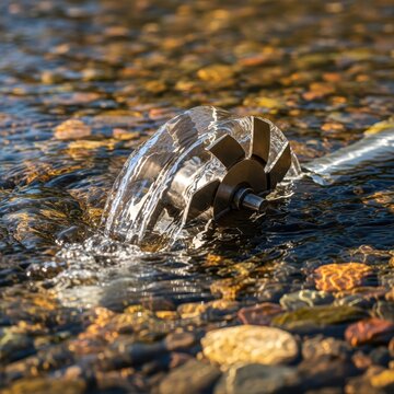 Close-up of a metallic water flow meter with spinning impeller submerged in a shallow river with colorful pebbles