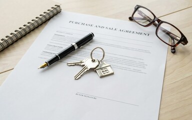 Fototapeta premium Purchase and sale agreement document lying on a wooden office desk next to a luxury fountain pen and shiny silver keys with a house shaped keychain and dark framed glasses.