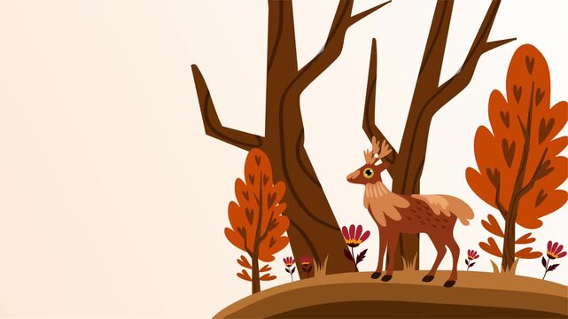 deer through orange autumn forest with stylized trees