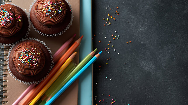 Chocolate cupcakes with colorful sprinkles, notebooks and crayons, premium advertising style, copy space