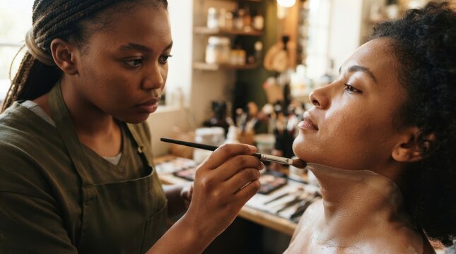 Professional makeup artist applying foundation to a client's face with a brush