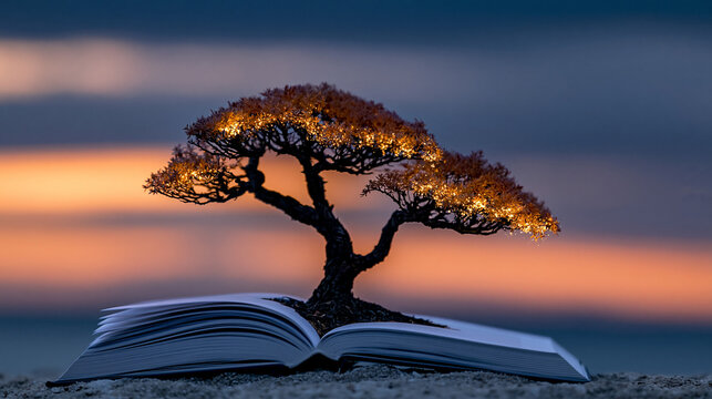 Small glowing bonsai tree growing out of an open book at sunset with knowledge