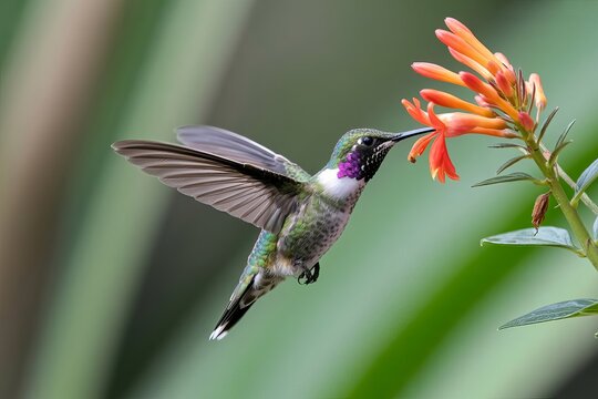 A vibrant hummingbird with iridescent green and purple feathers hovering in mid-air while feeding on a bright orange tubular flower in a garden