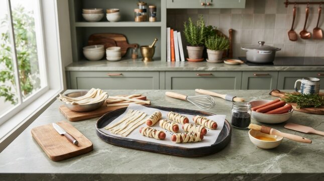 Preparing delicious pigs in a blanket with fresh ingredients and kitchen tools