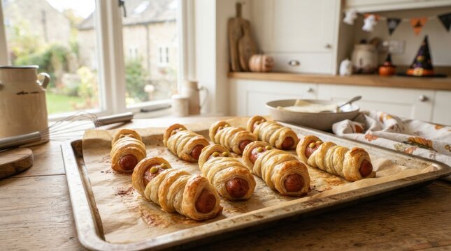 Delicious mummy hot dogs baked in golden puff pastry for a Halloween party