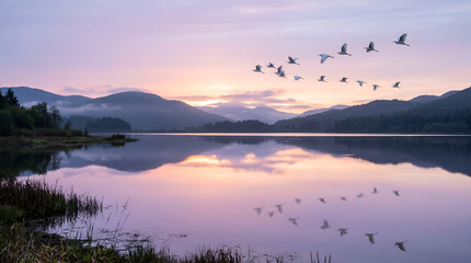 Naklejka premium sunrise over lake, Small flock of white birds flying above a calm lavender-colored lake at dawn, atmospheric reflections, peaceful nature photography