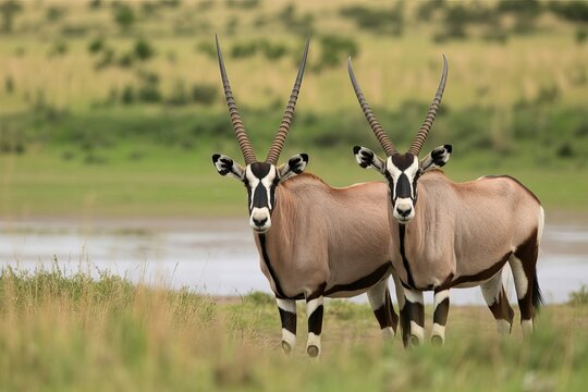 Two gemsbok antelopes standing together in a grassy african savanna landscape with blurred background, and natural daylight illumination