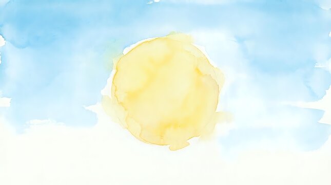 Watercolor sun illustration with soft yellow circle against light blue sky and white clouds, suitable for backgrounds, children's books, greeting cards, and nature-themed designs.
