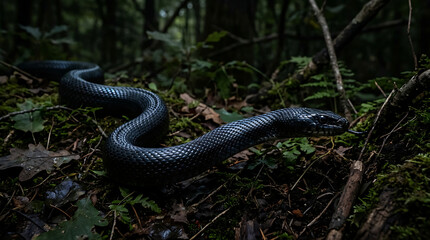 Obraz premium A sleek black snake navigates a dark, mossy forest floor, its scales catching the dim light.