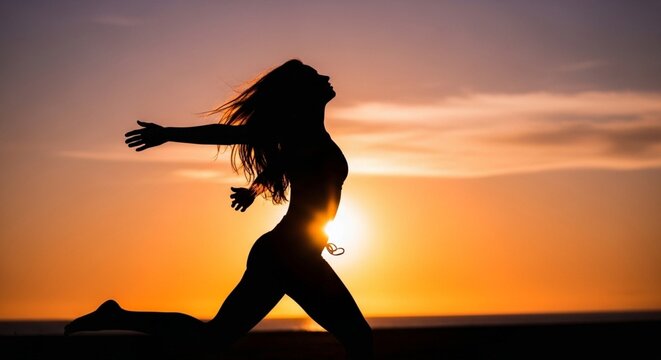 Silhouette of Free Woman Leaping with Arms Spread at Golden Sunset