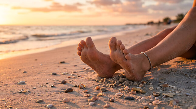 Bare feet wiggling toes on a sandy beach at sunset with gentle ocean waves and soft clouds above.