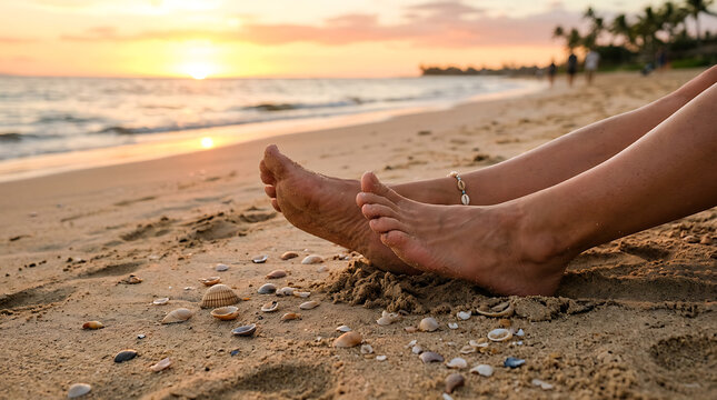 Bare feet wiggling toes in sand on beach at sunset with ocean waves and seashells