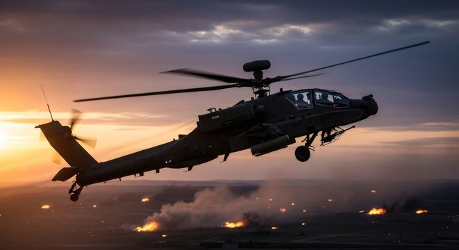Attack helicopter flying over a battlefield at sunset. Military aircraft engaged in active combat zone. Aerial support operation with smoke and fire on the ground. Modern armed conflict.