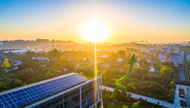 Green arrow glows with radiant clarity, radiating resilience, sustainability, and progress; a vivid emblem of energy, growth, and transformation within urban future.