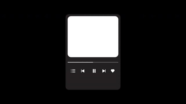 music player mp3 interface box rectangle display with icon love favorite song, playlist queue, backward, forward sign animation on transparent background, 4k video