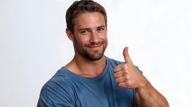 Homme souriant en t-shirt bleu faisant un pouce lev&eacute; vers la cam&eacute;ra