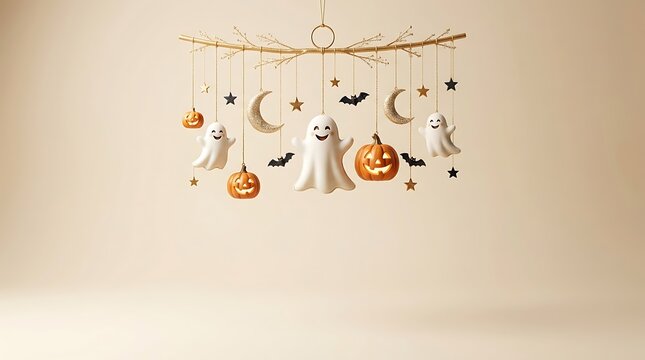 A delightful and spooky halloween mobile featuring charming ghosts pumpkins a crescent moon and bats perfect for festive autumn decorations and seasonal cheer