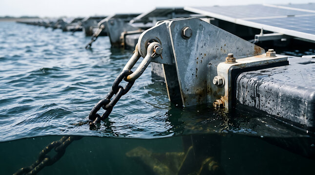 Close-up of a heavy-duty anchor point for floating solar panels at sea, illustrating renewable energy infrastructure