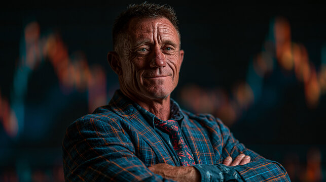Serious professional man standing with arms crossed against a digital market trend