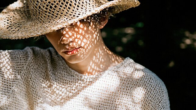 Jeune femme au chapeau de paille avec jeux de lumi&egrave;re sur le visage