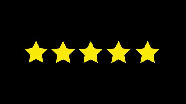 Five star rating from grey template to yellow star customer review or feedback concept 5 star on transparent backrgound, 4k video