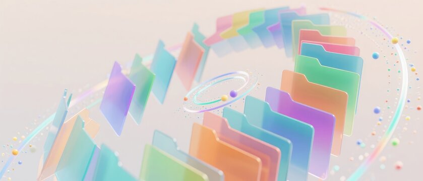 Colorful digital file folders arranged in flowing circular network, idea for cloud storage organization, document management and data transfer banner